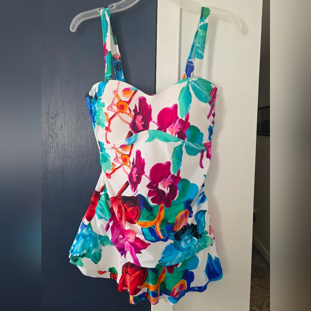NWT Adorable Floral Peplum Swimdress in White with Multicolor Bloom